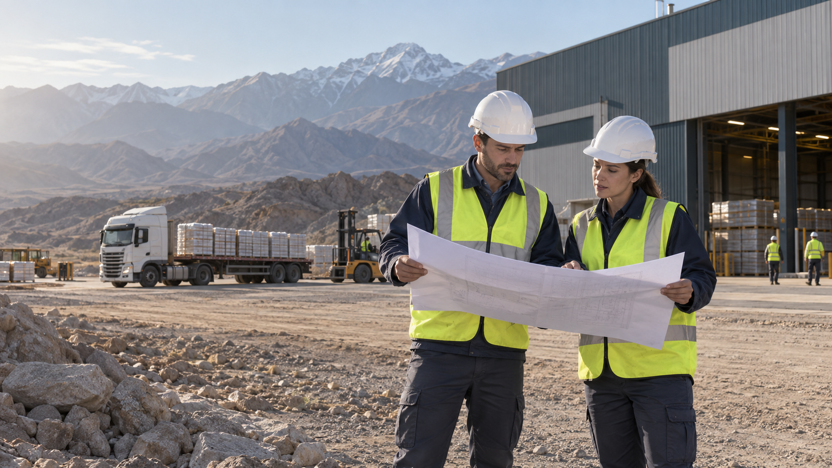 Imagen ilustrativa de profesionales planificando una operación industrial junto a las montañas